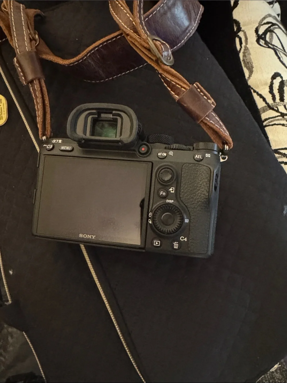 Sony A7 Series 3 Black Mirrorless Camera Body with Brown Leather Strap